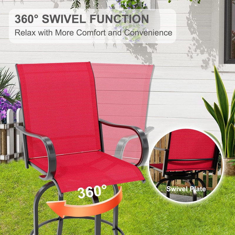 Tabourets de bar d'extérieur pivotants d'une hauteur de 30 po - Chaises de patio rotatives à 360 ° avec tissu en textilène, dossier haut et accoudoirs pour la terrasse, la pelouse ou la cour
