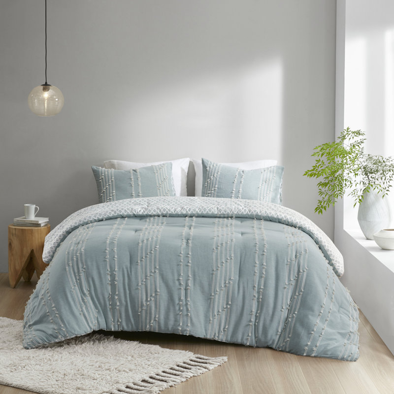 Aqua Cotton Jacquard Reversible Full Comforter Set