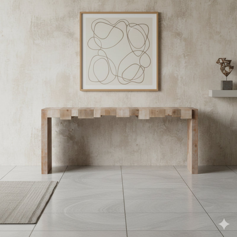 Console moderne de style rustique mesurant 71 pouces, avec un motif en bloc sculpté. Une table de canapé étroite idéale pour les couloirs, les salons ou les vestibules.