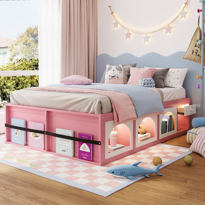 Queen Size Wooden Platform Bed with Bookshelf, Display Cabinet, LED Light & Drawer – Functional Bedroom Furniture, Pink + White
