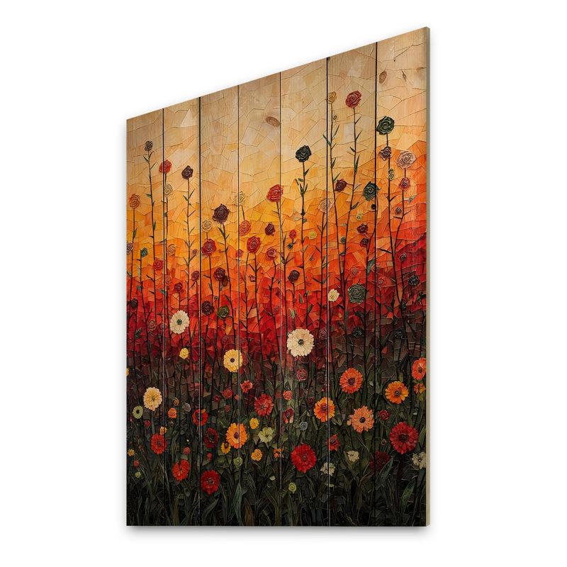 Red Sunset Wildflowers Glory I - impression sur bois de fleurs sauvages - sur bois de pin naturel