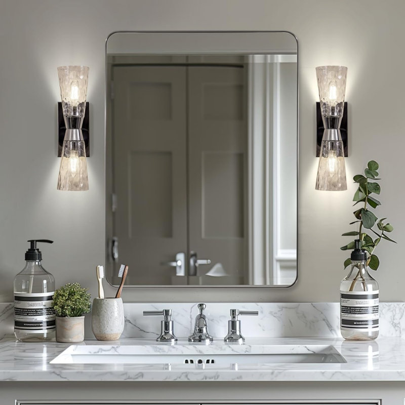 Miroir de salle de bain rectangulaire arrondi moderne Inse | Cadre en acier inoxydable, 32 po x 24 po, Chrome poli