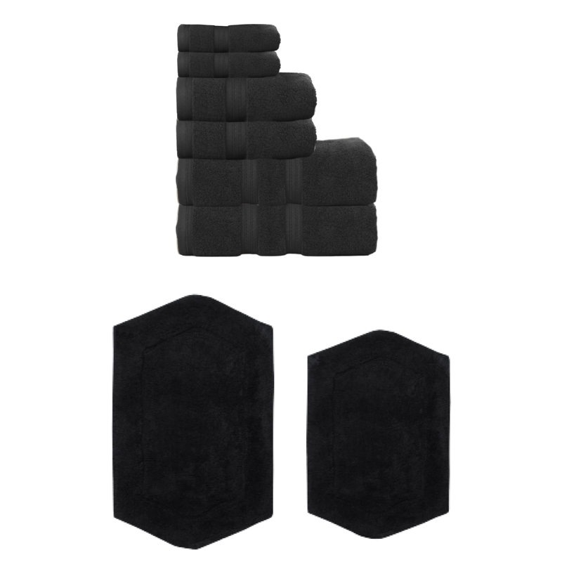 Bryd Collection 100% Soft Cotton 6 Pc Towel Set & 2 Pc Bath Rug Set, (Set of 8), Black