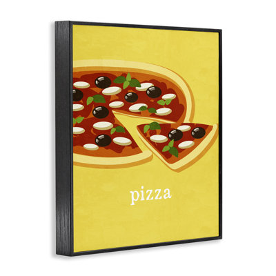 Délicieuse pizza sur estampe jaune encadrée, design par Kim Allen