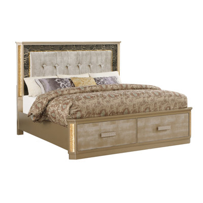 High Queen Bed In Gold With Headboard - Wood Construction And Frame