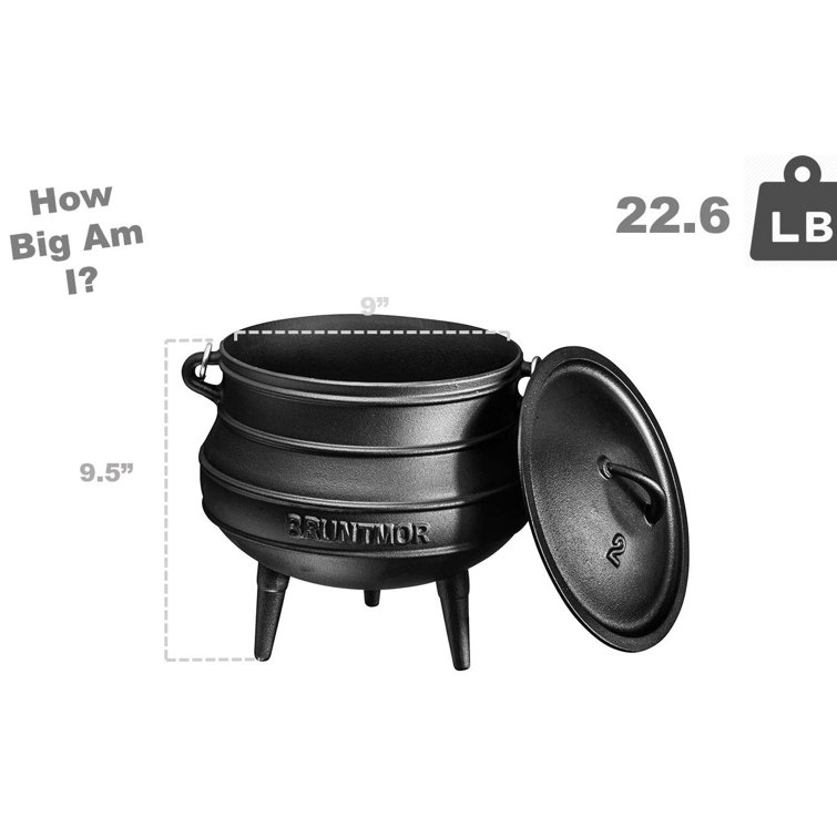 Bruntmor Pre-Seasoned Cast Iron Cauldron Potjie Pot, 12.5 Qt with Lid & 3  Legs for Even Heat Distribution