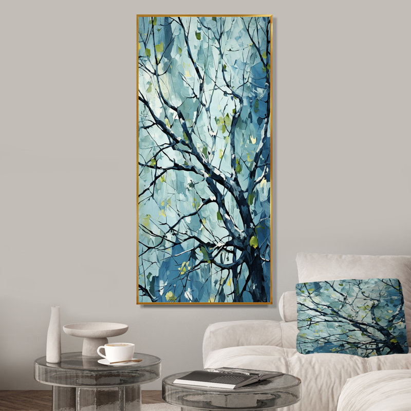 «Blue Springtime Basswood Tree», art mural arbre, H 60 po x l 28 po x P 1,5 po, Cadre flottant doré