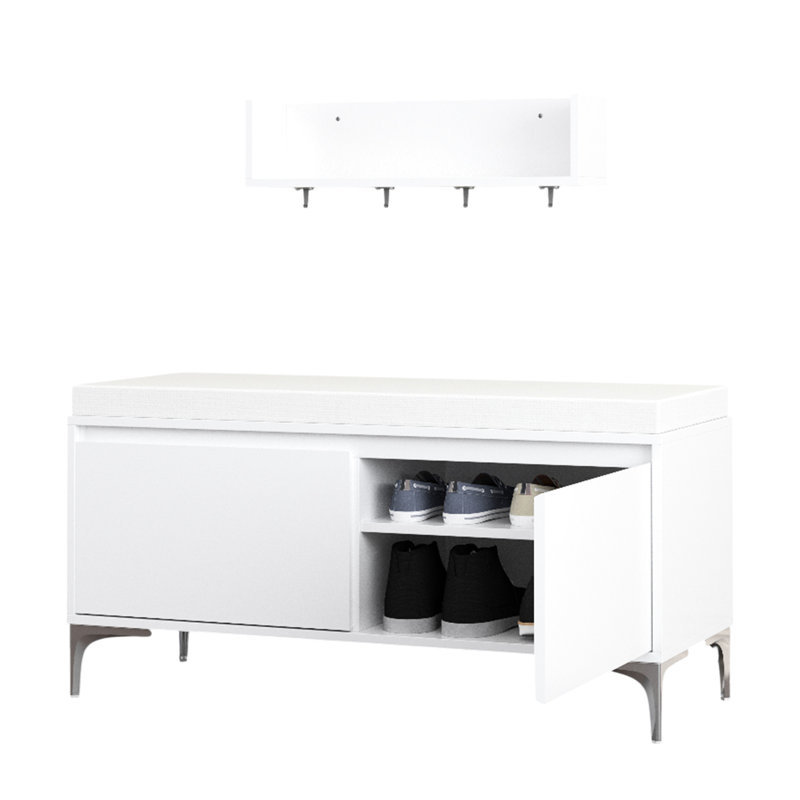 Tablette de rangement murale moderne blanc cassé avec crochets et banc de rangement confortable. Siège rembourré pour un changement de chaussures en douceur. Double porte pour garder le désordre à l'abri des regards. Installation facile