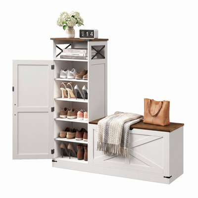 Meuble à chaussures avec banc intégré, meuble de rangement à chaussures de style campagnard avec étagères réglables, banc à chaussures en forme de L, banc de rangement