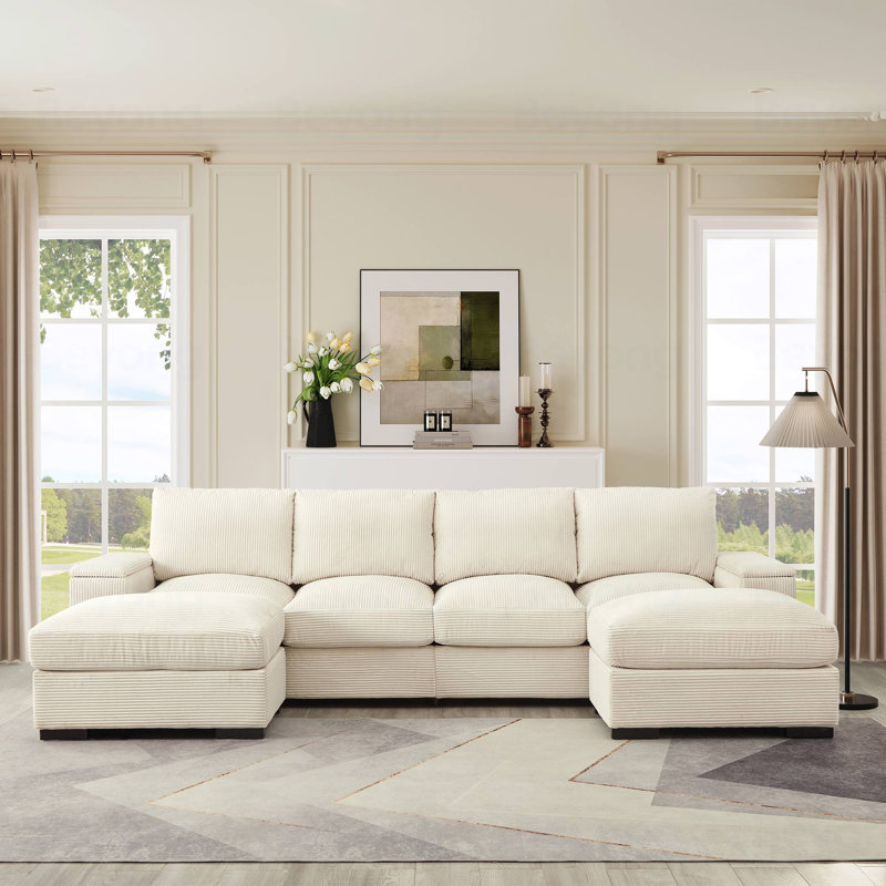 Canapé modulaire à assise profonde avec repose-pieds, revêtement en velours côtelé pour plus de confort et de style dans les salons, les appartements et les bureaux