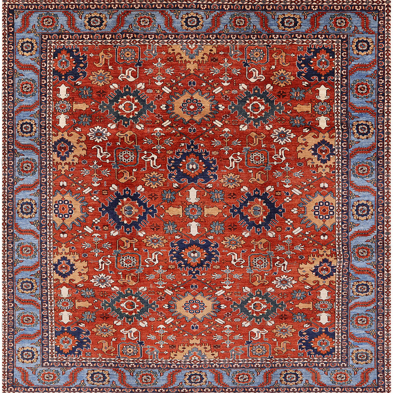 Tapis oriental rouge et bleu, Carré 4 pi