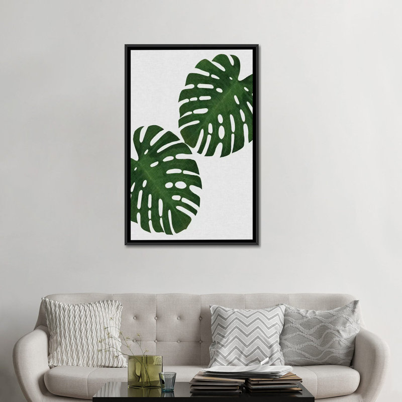 « monstera leaf i », reproduction d’impression sur toile en vert, H 26 po x l 18 po x P 1,5 po, Toile avec cadre noir