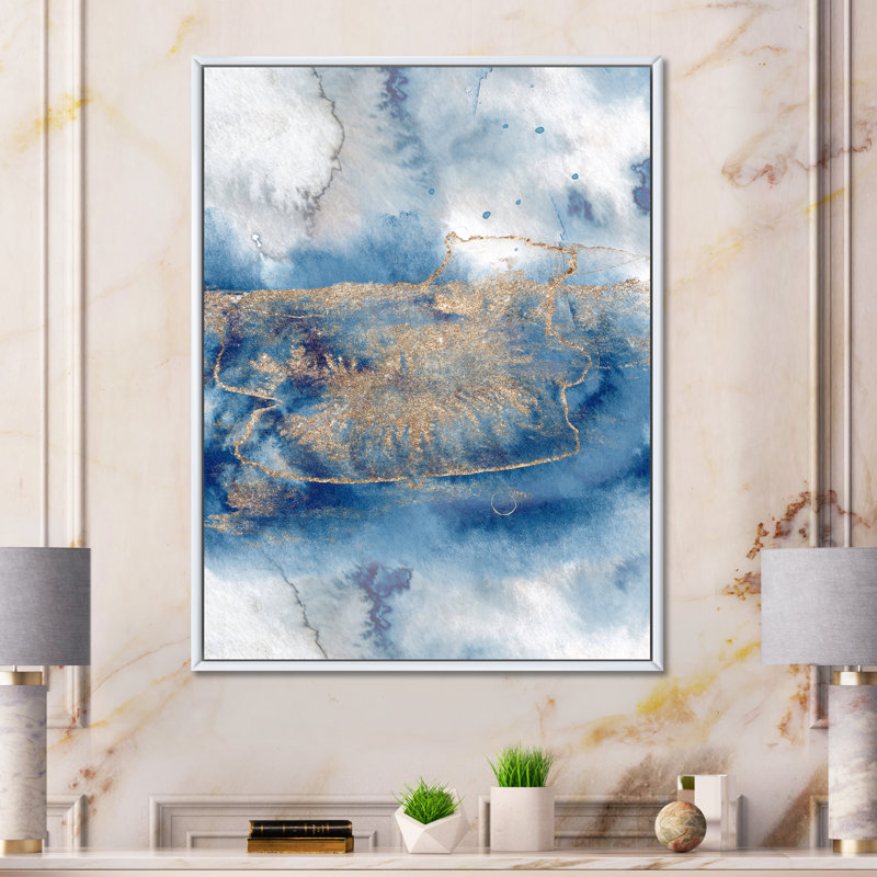 Abstrait classique bleu et or I - peinture sur toile, H 20 po x l 12 po, Cadre flottant blanc