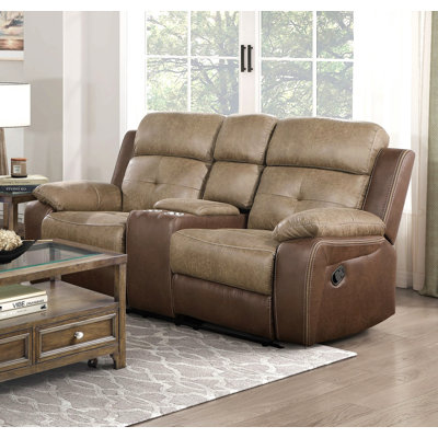 Plush Comfort Brown Microfiber Upholstered Solid Wood Frame Living Room Furniture 1Pc Dual Glider Reclining Loveseat With Center Console Plush Arms