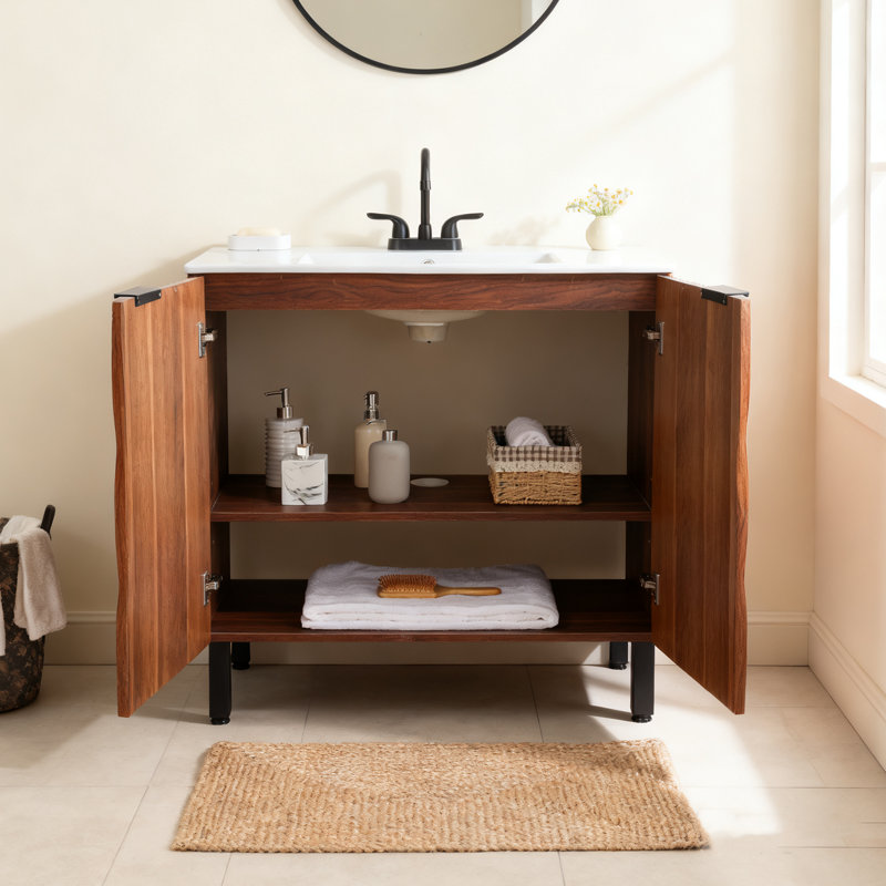 Walnut Oak Modern Free-Standing Bathroom Vanity Set, 35.4"