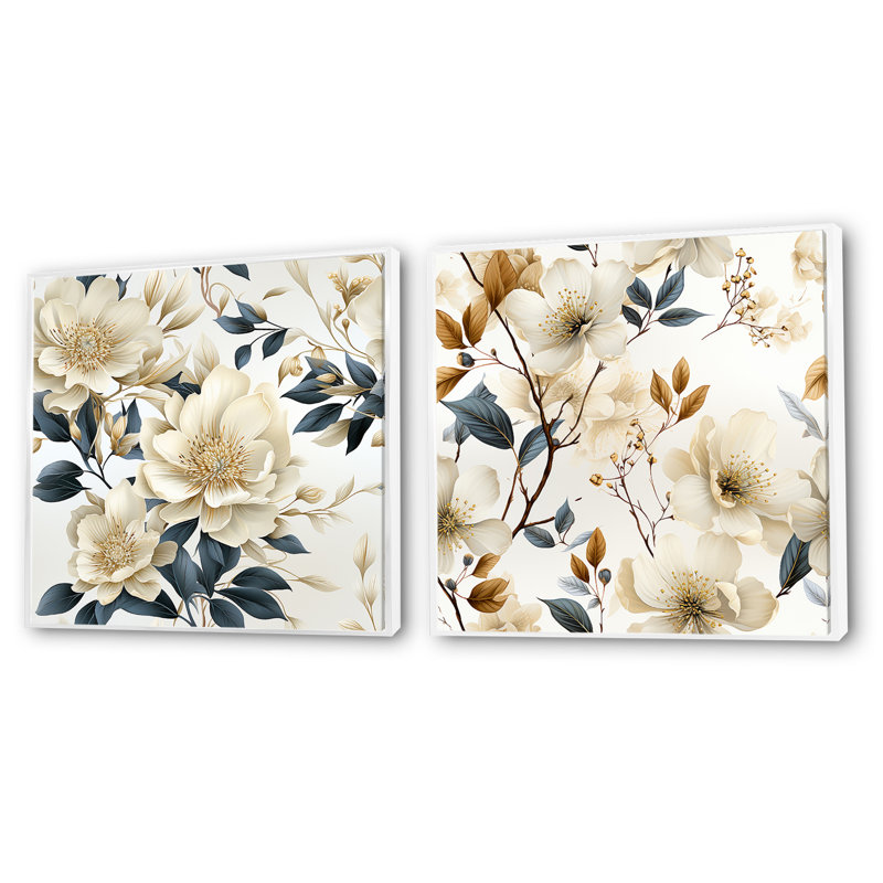 Meira - Ensemble de 2 collages carrés floraux, Cadre flottant blanc, H 30 po x l 61 po