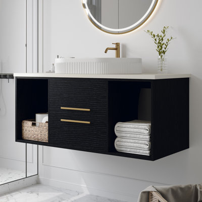 Modern 40-In Wall-Mounted Bathroom Vanity with Oval Ceramic Sink Floating Vanity Multi-Layer Solid Wood Cabinet Soft-Close Drawers Open Shelf Storage