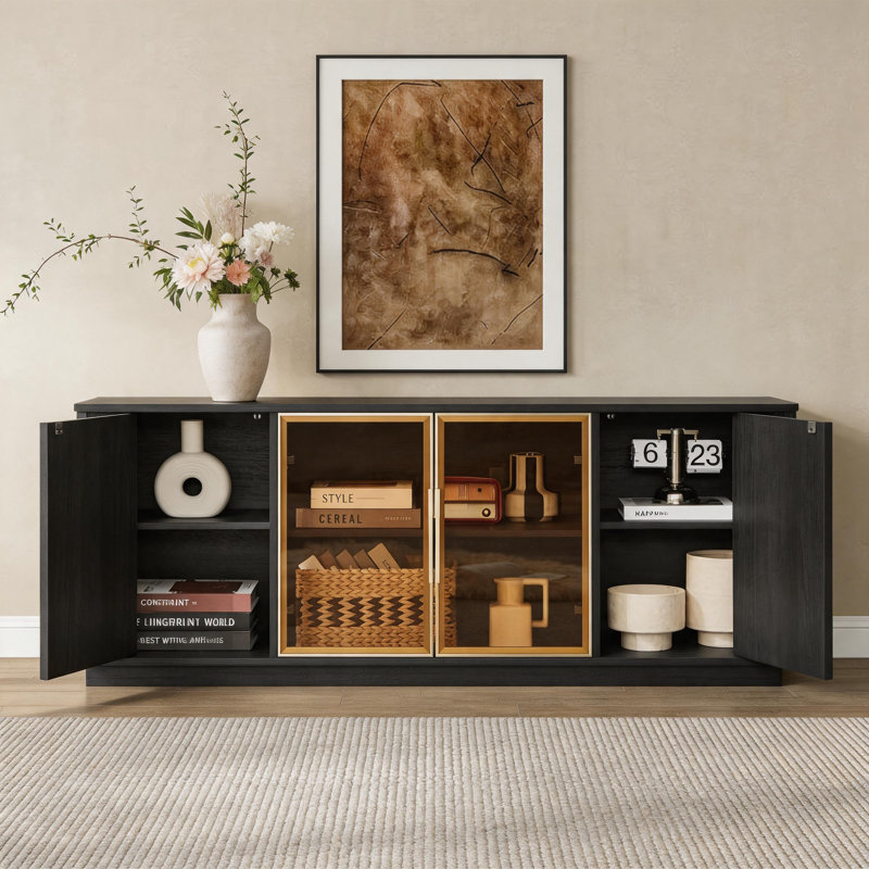Meuble télé "64" avec rayures verticales et portes en verre - noir, l 64 po x P 15 po x H 24 po