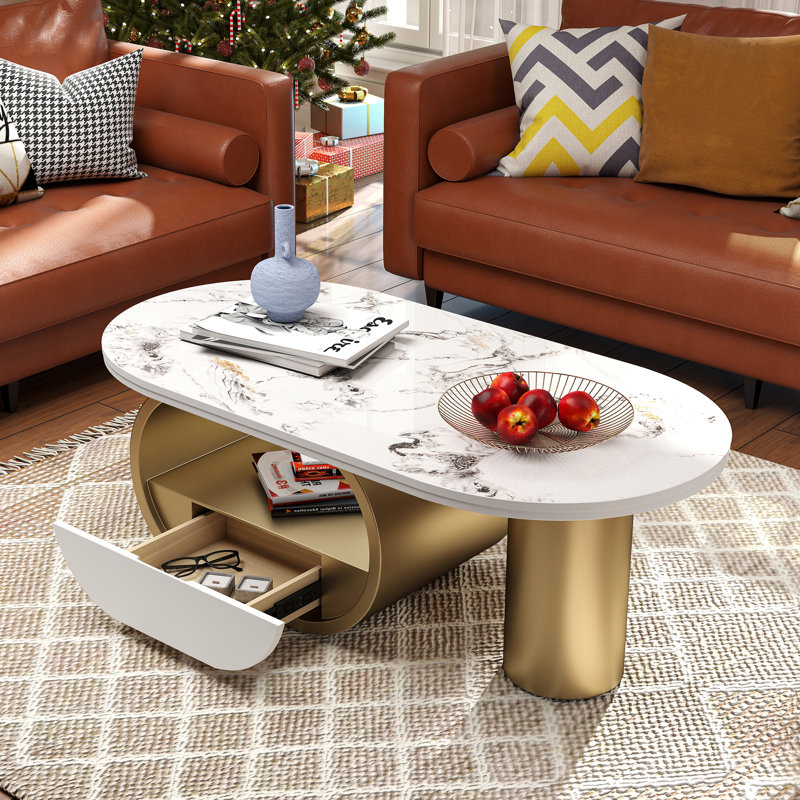 Solid Coffee Table with Storage, White/Gold