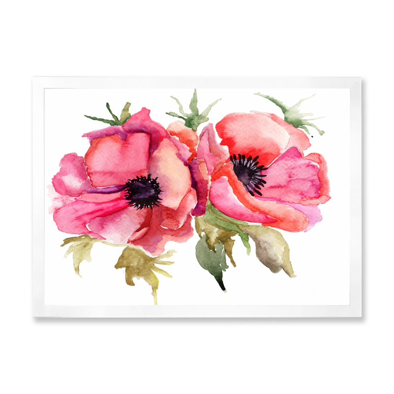 Fleurs de coquelicot stylisées - peinture sur toile, H 24 po x l 32 po x 1,5 po, Toile blanche encadrée
