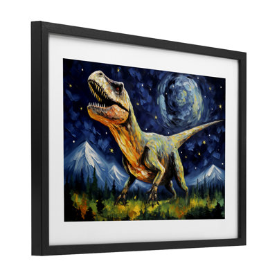 «Dinosaur In Field with Mountains», reproduction encadrée sous verre, design by Creative Studio