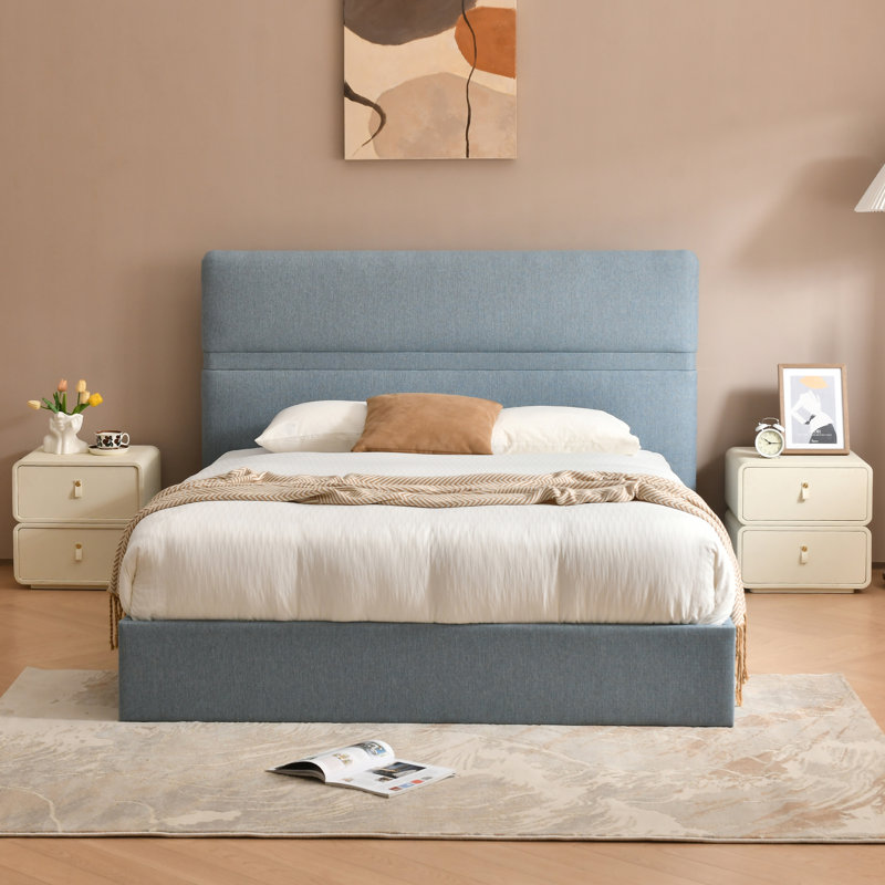 Lit plateforme tapissier avec rangement Montel, Bleu lac, Double