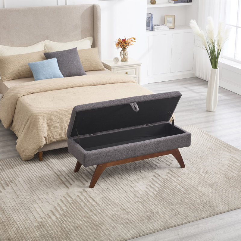 Banc de rangement moderne avec pieds en bois massif, parfait pour le bout du lit ou le vestibule, Ourson gris