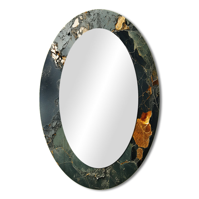 Doré et vert Terrazzo Marble Elegance II - grand miroir mural ovale sur métal, 36 po x 24 po