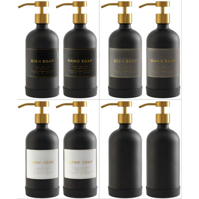 Distributeur de savon à main et à vaisselle pour évier de cuisine et salle de bain, ensemble de 2 bouteilles en verre de 16 oz, pompes en acier inoxydable, base en silicone antidérapante, 27 étiquettes imperméables (bouteille noir mat / pompe or brossé)