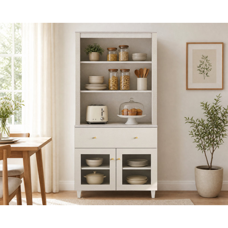 Kitchen Pantry Cabinet With Drawer And Glass Storage, Beige, Beige