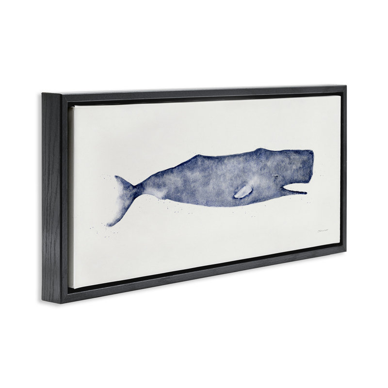 Illustration classique d'aquarelle de baleine, Cadre flottant noir de jais, H 14 po x l 31 po
