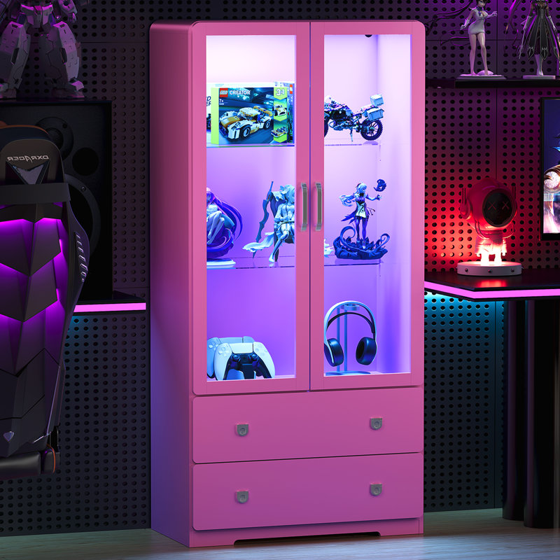 Vitrine haute 64 po avec portes en acrylique et lumières DEL, Rose