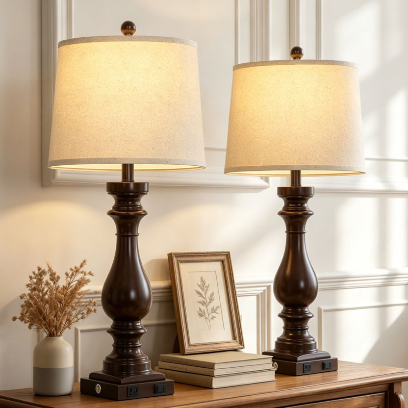 29" Tall Vintage Resin USB Table Lamp Set with Touch Control, Coffee Brown