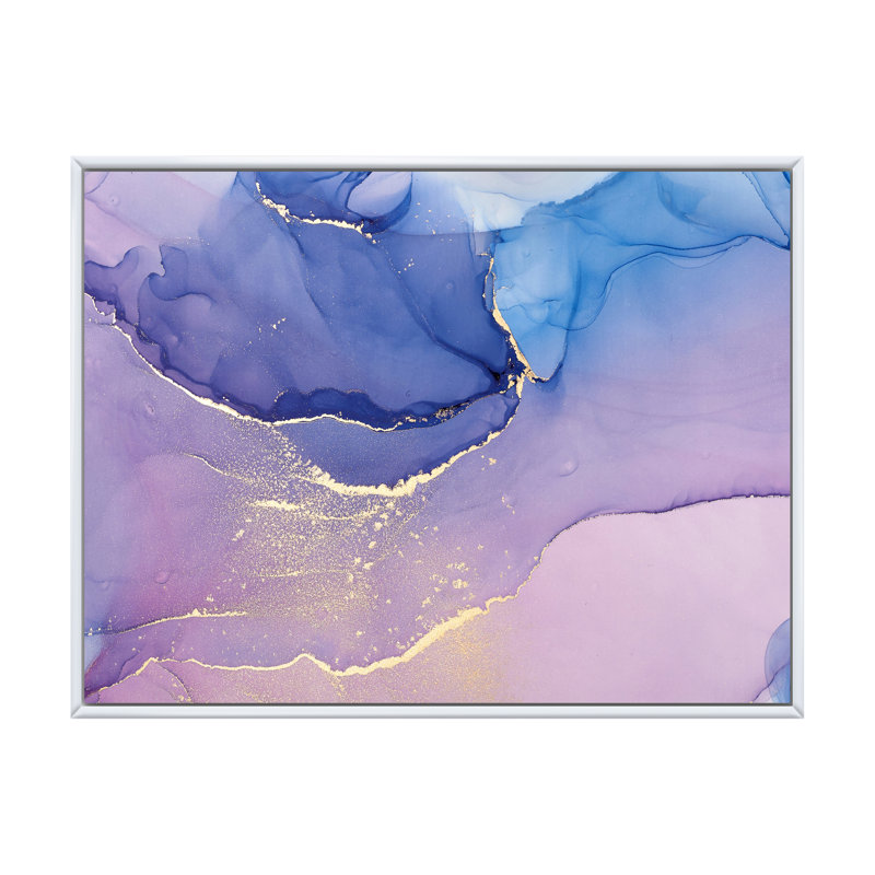 «Pink and Blue Ink Clouds III», peinture sur toile, H 12 po x l 20 po, Cadre flottant blanc