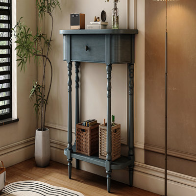 Narrow Console Table, Curved Corner, 1 Drawer, Open Shelf for Entryway - Navy