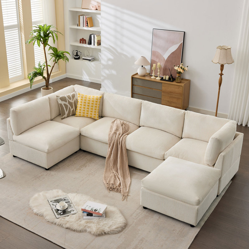 130" Oversized Corduroy Modular Sectional Sofa with Ottoman, Beige - 32" Deep Seats, Seats 6, Reconfigurable U/L-Shaped Sleeper
