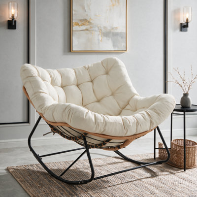 Indoor & Outdoor Papasan Rocking Chair, Oversized Padded Lounge Rocker With Cushion, Comfy Wicker Egg Lounge Chair, Large Indoor Rocking Recliner For
