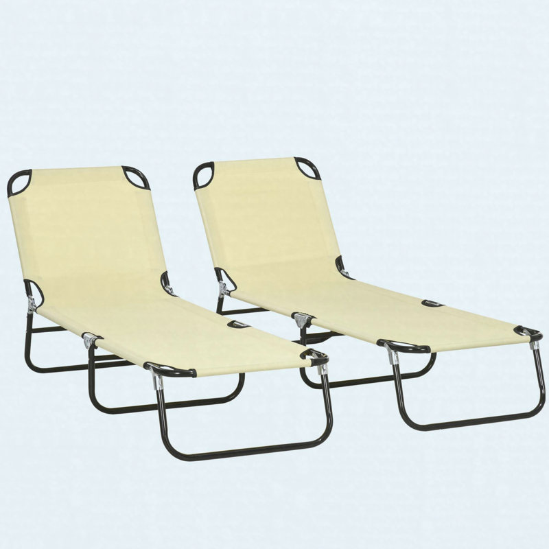 Folding Chaise Lounge Chairs Set of 2 Beige 5-Level Reclining Steel Frame Oxford Outdoor Pool Beach