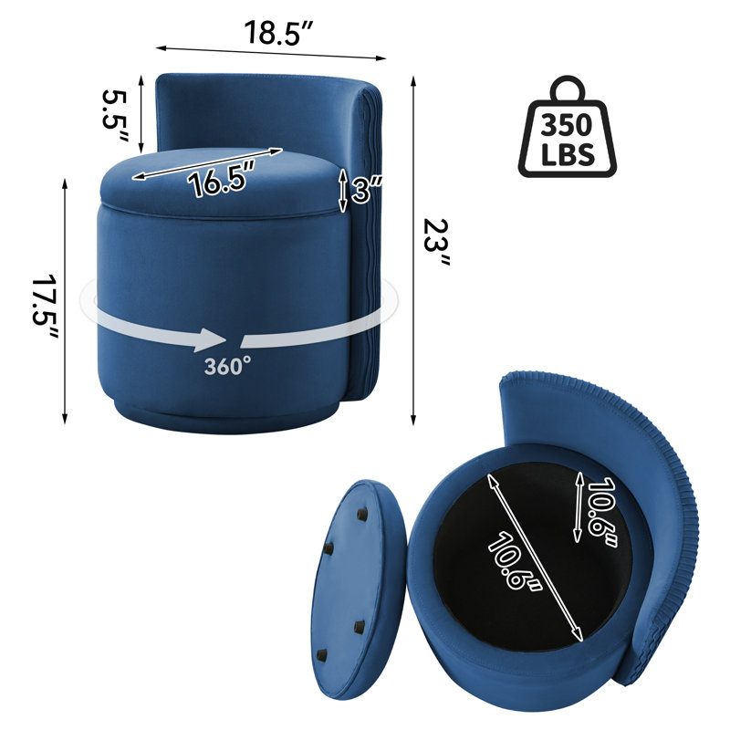 Upholstered Swivel Barrel Chair With Storage, Blue Velvet, Regular