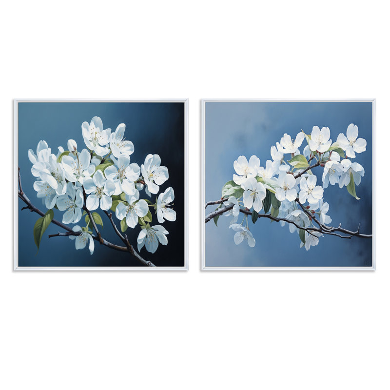 Ensemble de 2 fleurs bleues et blanches à motif de fleurs de pommiers monochromes, Cadre flottant blanc, H 36 po x l 73 po