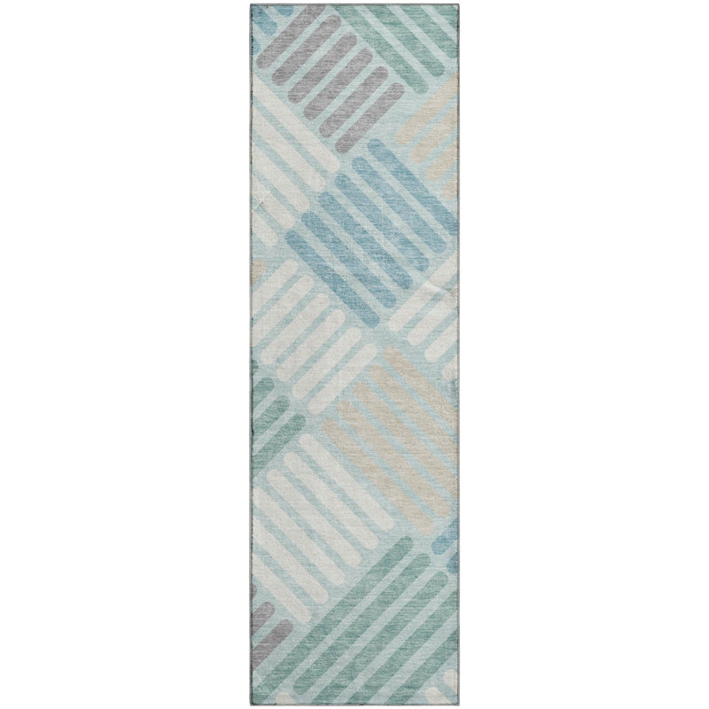 Premium Machine Washable Mayfield AMF2339 Geometric Rug, Seafoam, 2'3" x 7'6" Runner