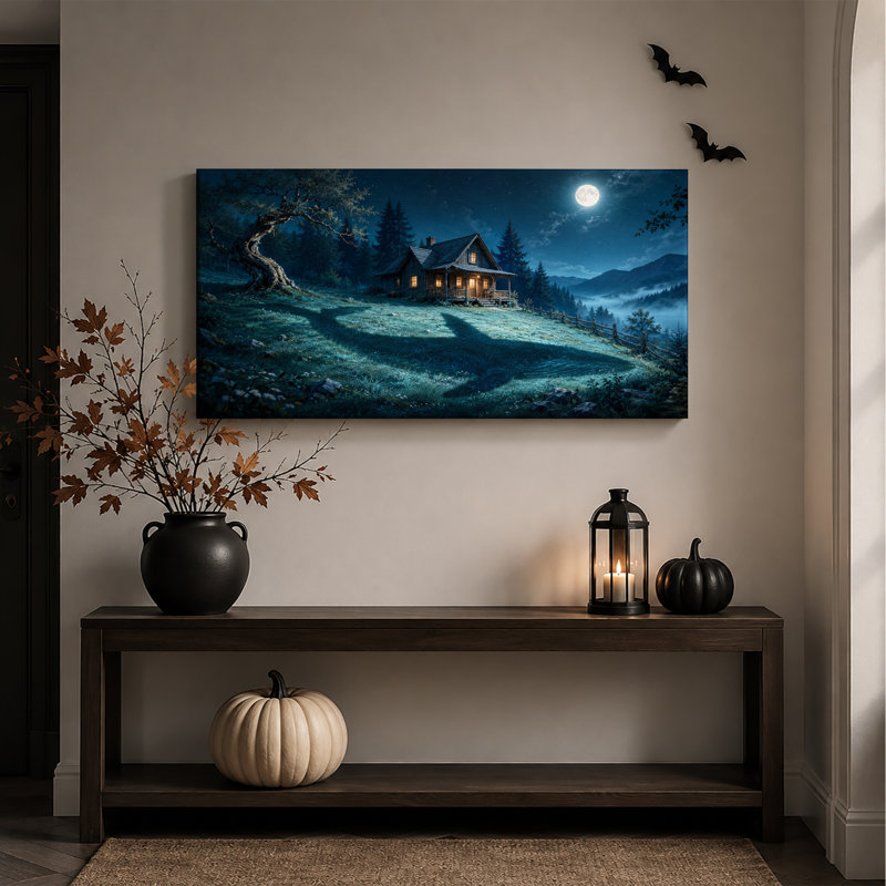 Cabane en rondins au clair de lune avec ombre de queue de baleine sur toile murale d'Halloween, L 46 po x H 24 po