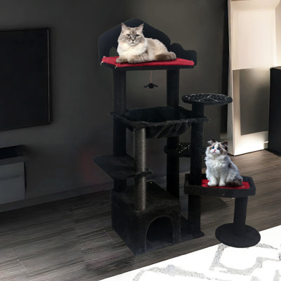 Arbre à chat noir et rouge avec plateforme, coussin amovible, griffoir aux formes harmonieuses, poteaux d'observation, montage rapide