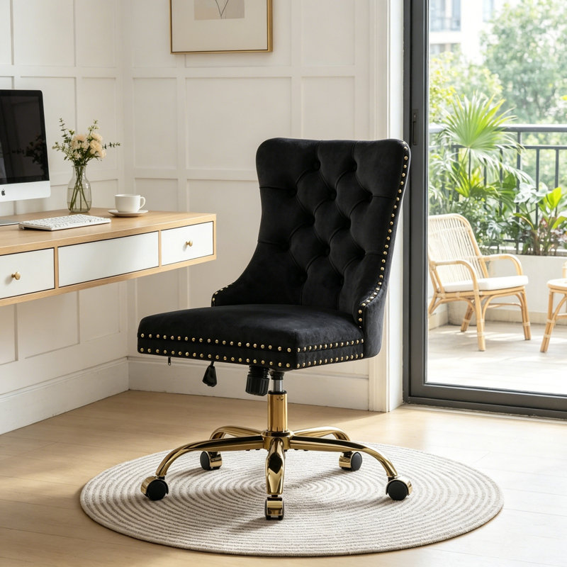 Desk Chair Swivel Office Chair With Wheels And Nailhead Trim, Black