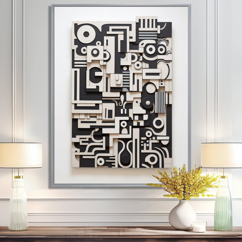 Art urbain abstrait noir et blanc - art mural abstrait, H 40 po x l 30 po x P 1,5 po, Encadrement argenté