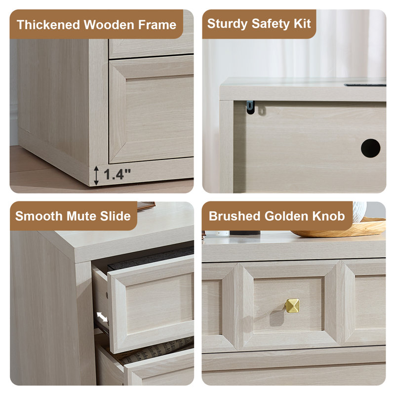 Mid-Century 3D design 31'' W 3-Drawers Nightstands Set of 2, Beige