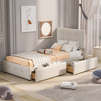 Upholstered European Single Metal Drawers Bed