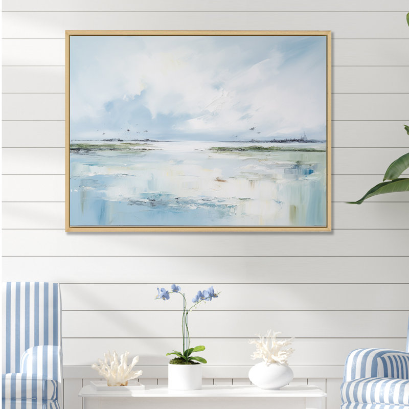 Doux couleur plage horizon - plage et océan art mural salon, Cadre naturel flottant, H 30 po x l 40 po x P 1,5 po