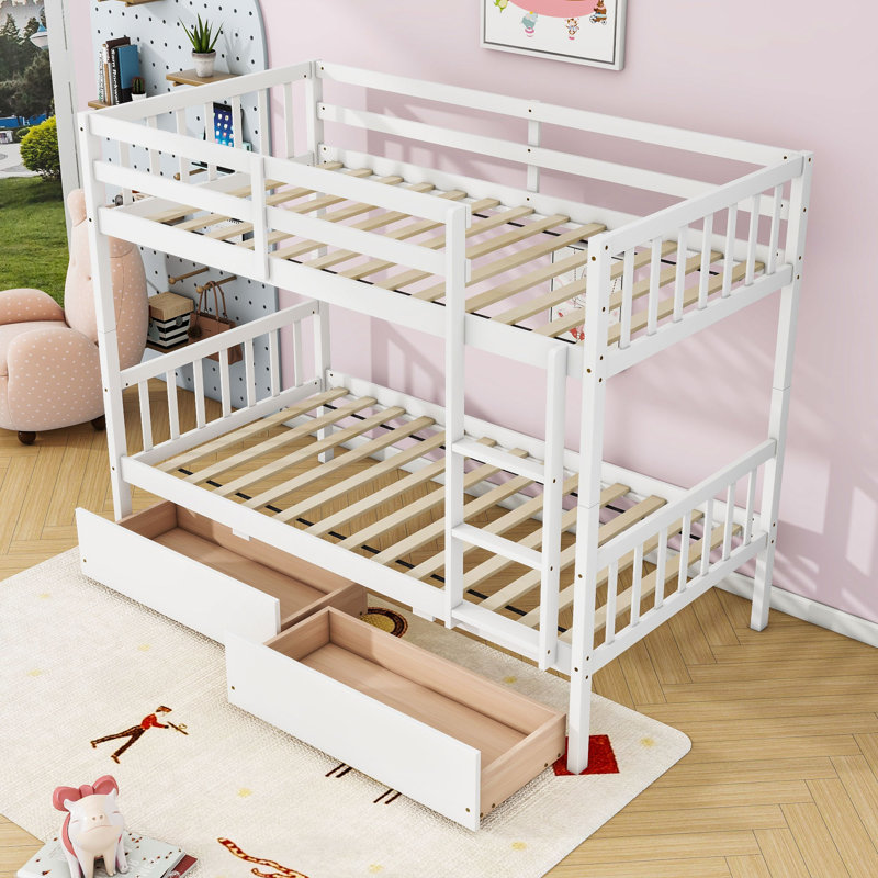Lit superposé convertible en bois avec 2 tiroirs de rangement et échelle, Lit superposé simple sur simple, Blanc