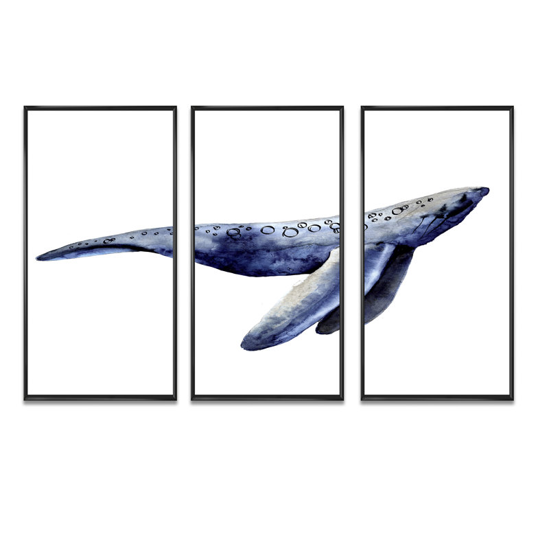«Blue Sperm Whale on White IV», photographie flottante sur toile 3 pièces, H 28 po x l 36 po x P 1 po, Cadre noir